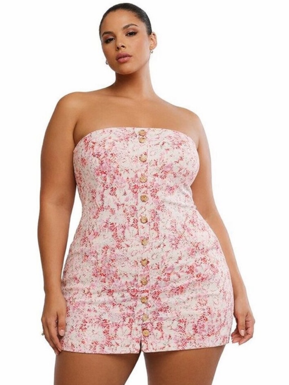 Free People Tomas Floral Strapless Smocked Button Down Mini Dress